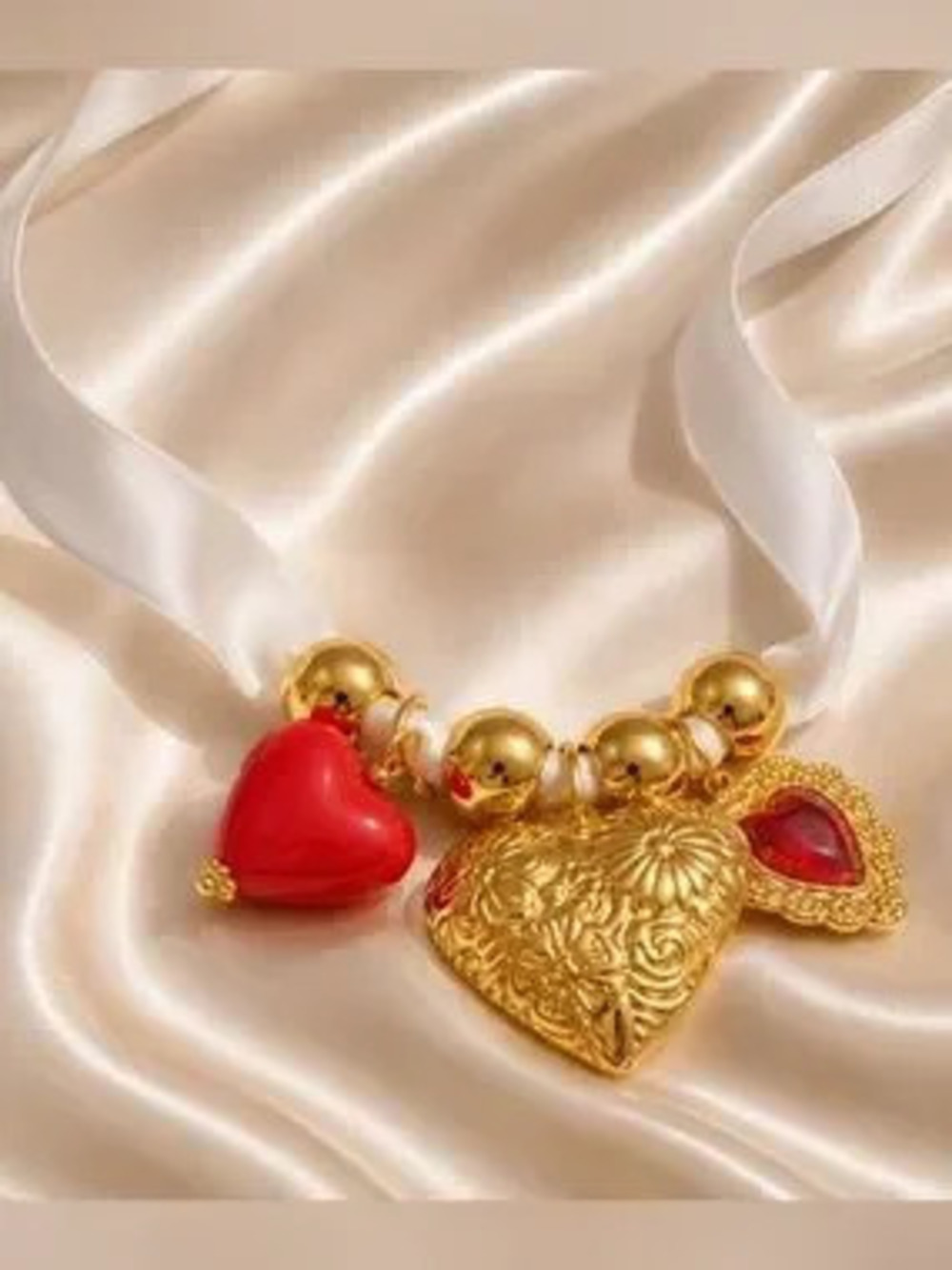 Golden Heart Charm Romantic Red & Gold Choker Satin Ribbon Necklace